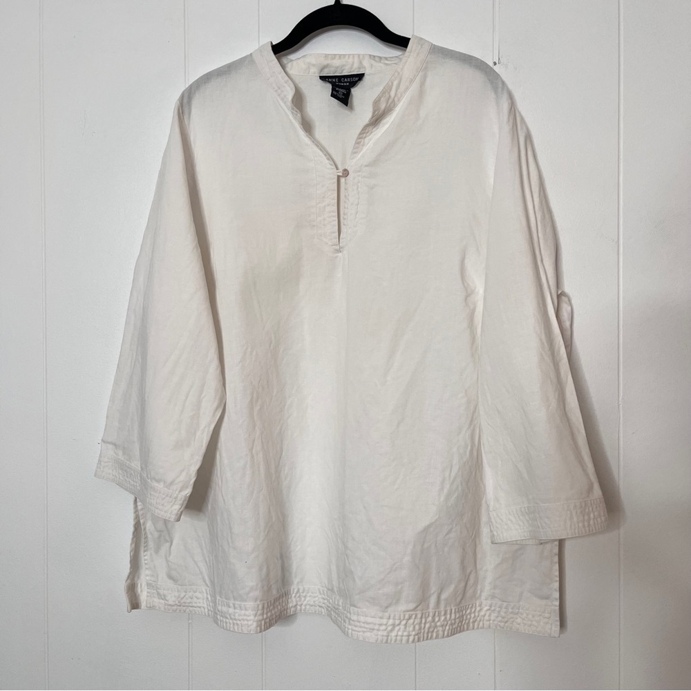 Anne Carson Woman 100% Linen White Popover Blouse Coastal Casual Summer 2X